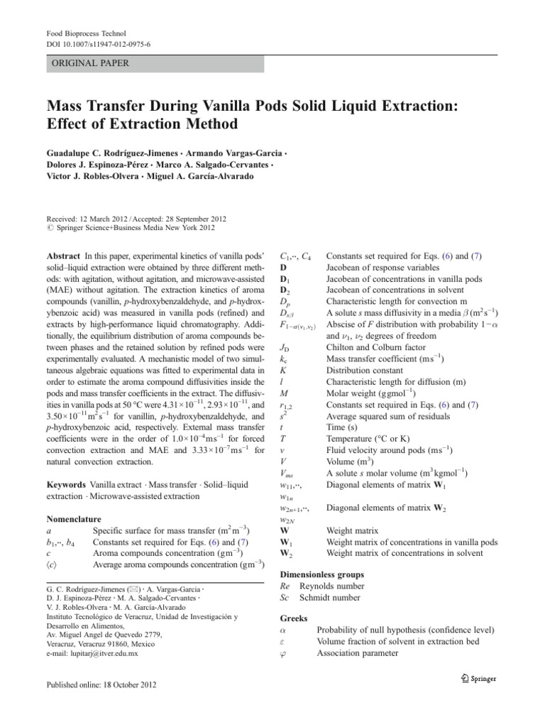 Mass Transfer During Vanilla Pods Solid Liquid Extraction PDF High