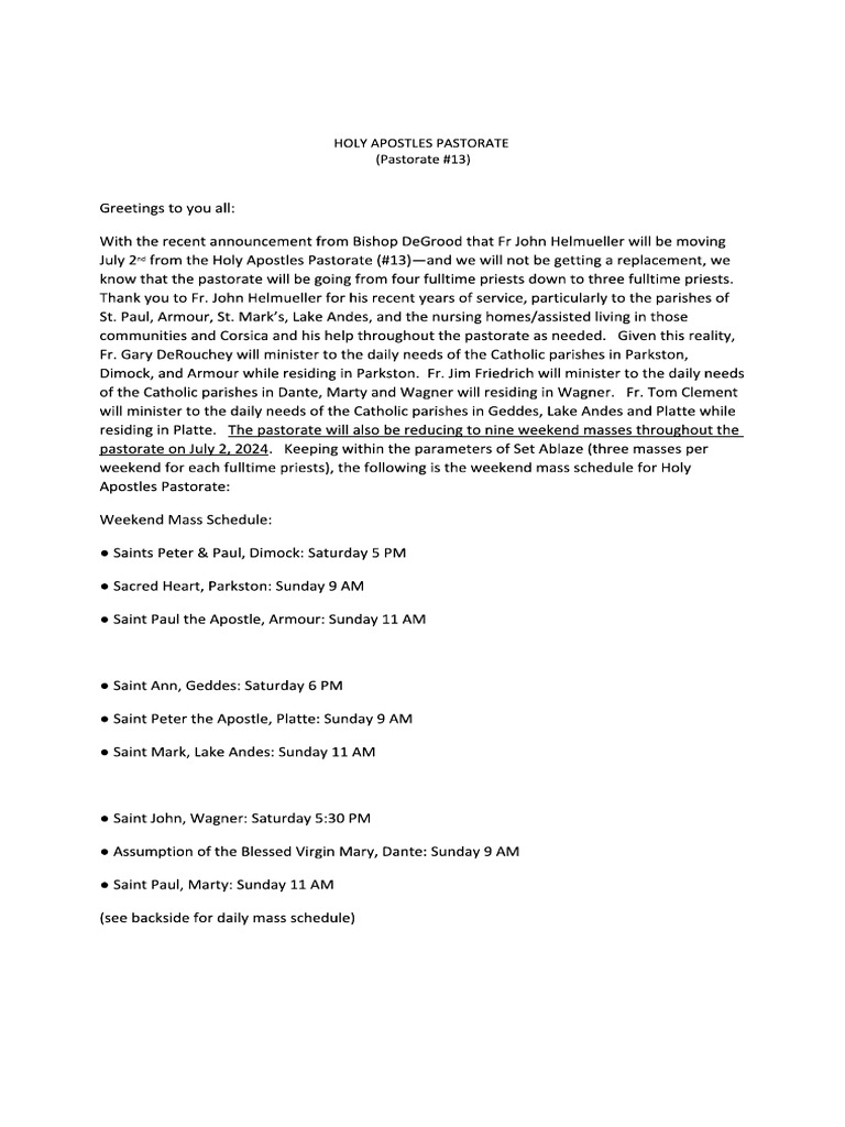 Holy apostles mass schedule effective july 2 2024 pdf