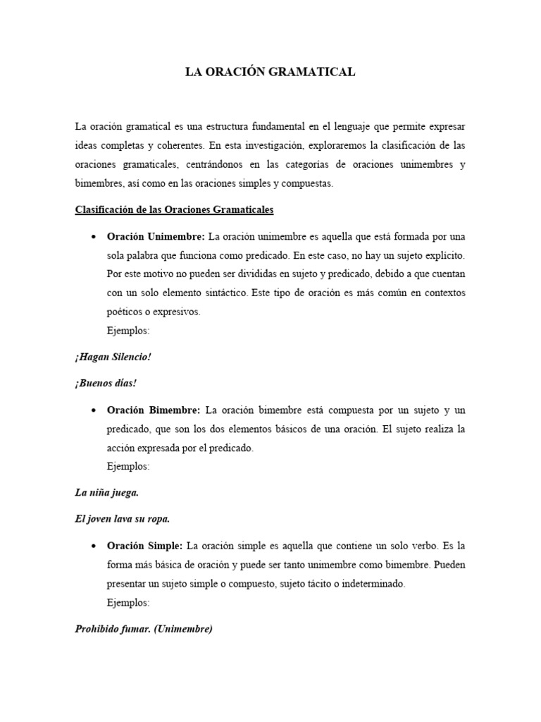 Clasificación de Oraciones Gramaticales | PDF | Artes del Lenguaje y ...