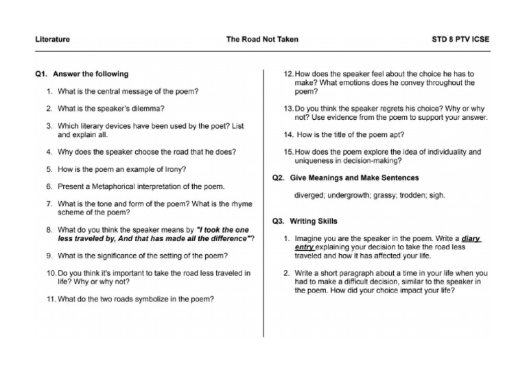 STD 8 PTV Icse - The Road Not Taken WS | PDF
