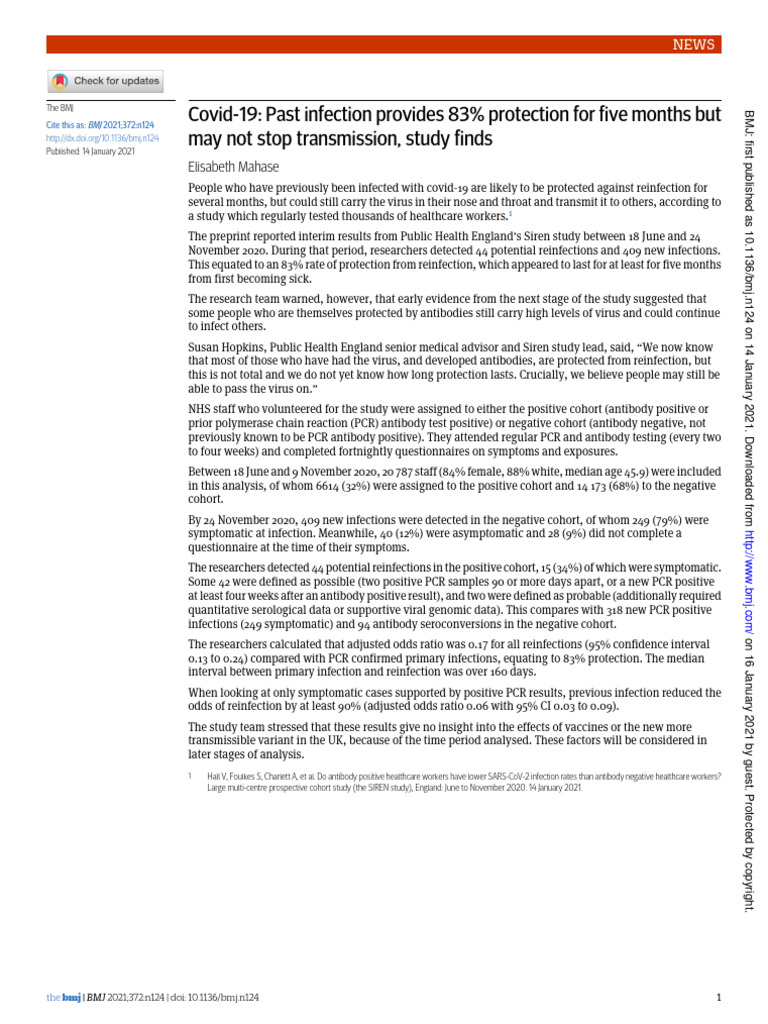 Covid-19 - Past Infection Provides 83% Protection For Five Months But ...
