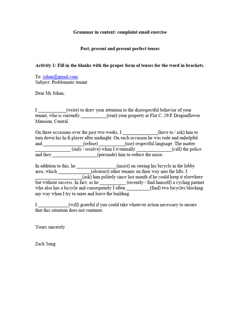 Tenses Practice Complaint Email | PDF | Laptop