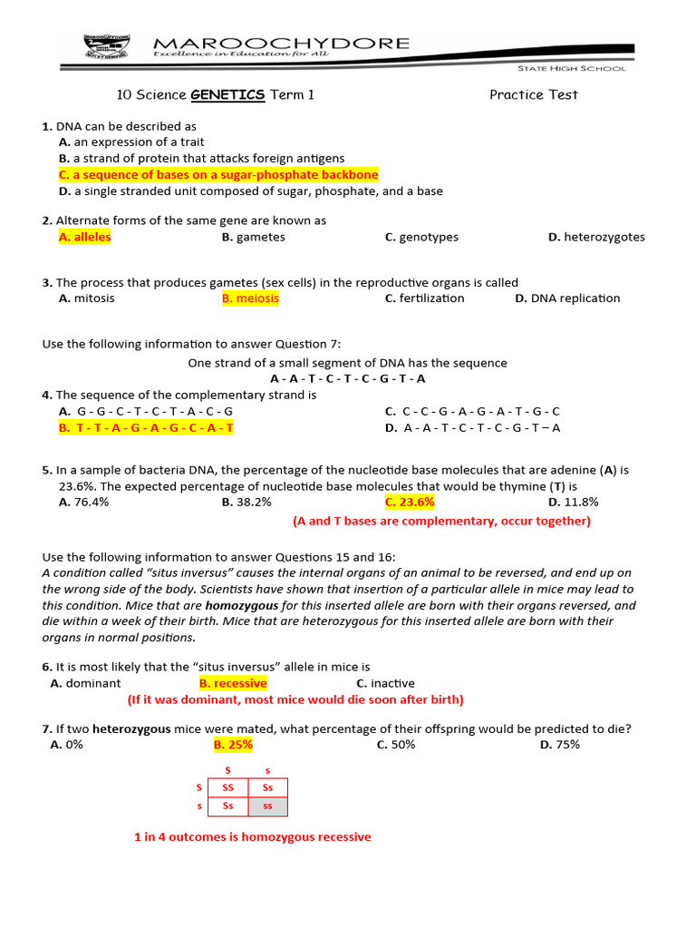 Year 10 Genetics Practice Test | PDF | Dominance (Genetics) | Zygosity