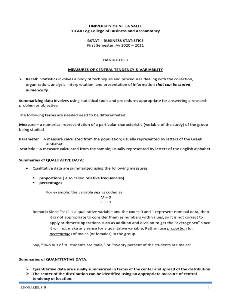 Central Tendency & Variability in BSTAT | PDF | Mode (Statistics) | Mean