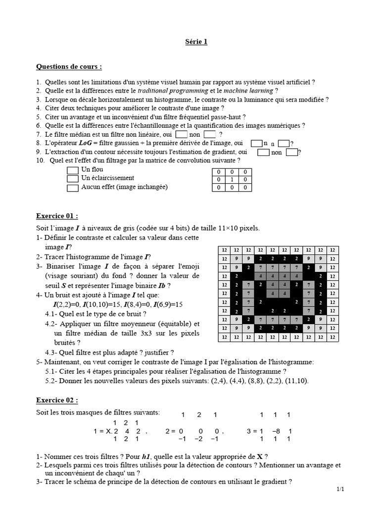 Questions et exercices en vision artificielle | PDF | Traitement du ...