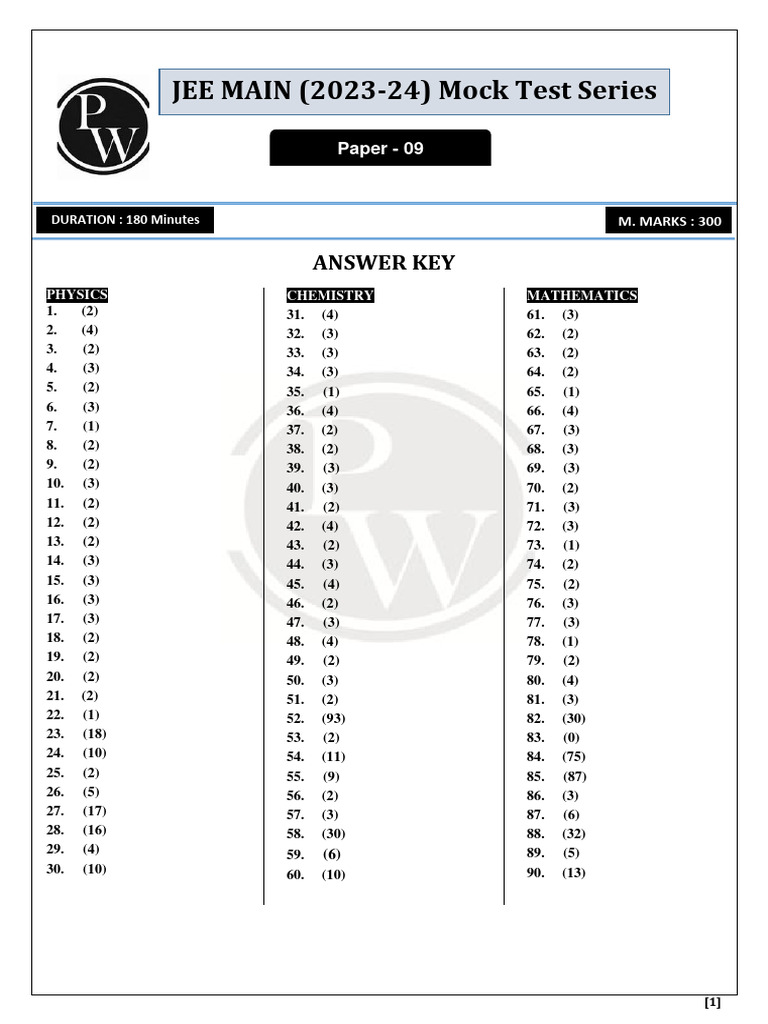 JEE Main 2023-24 Mock Test Answer Key | PDF | Tension (Physics ...