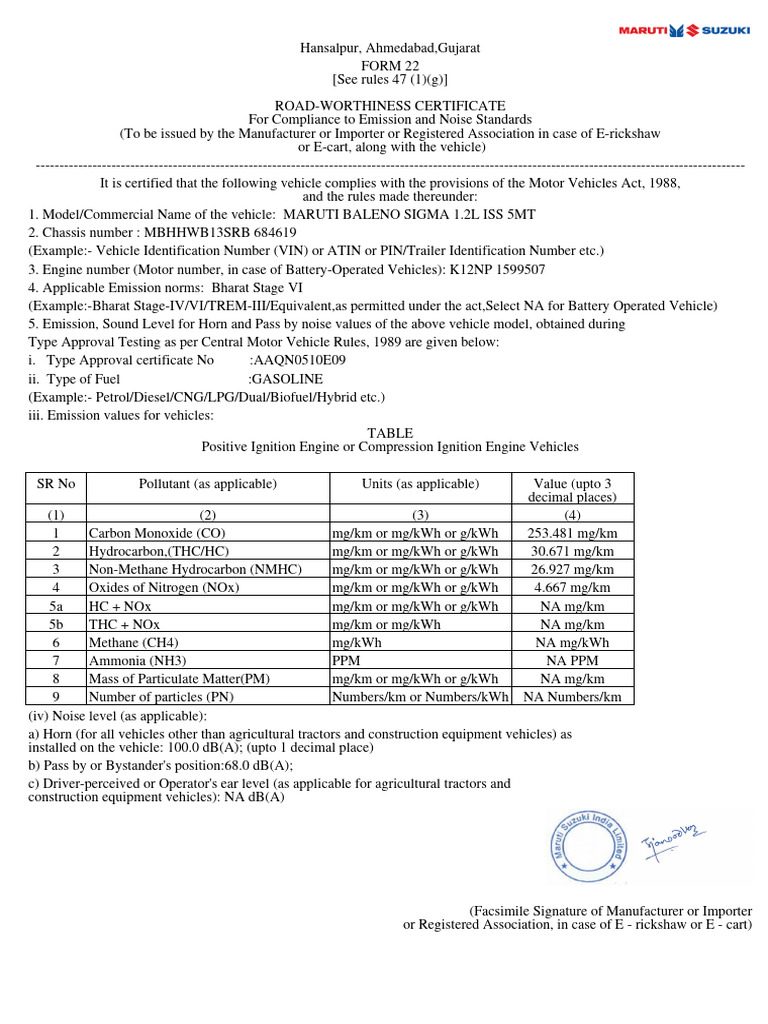 Road-Worthiness Certificate for Maruti Baleno | PDF | Exhaust Gas | Air ...
