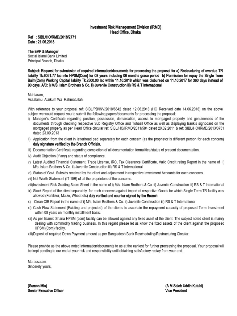 IRMD Document Request for Loan Restructuring | PDF | Investing | Mortgages