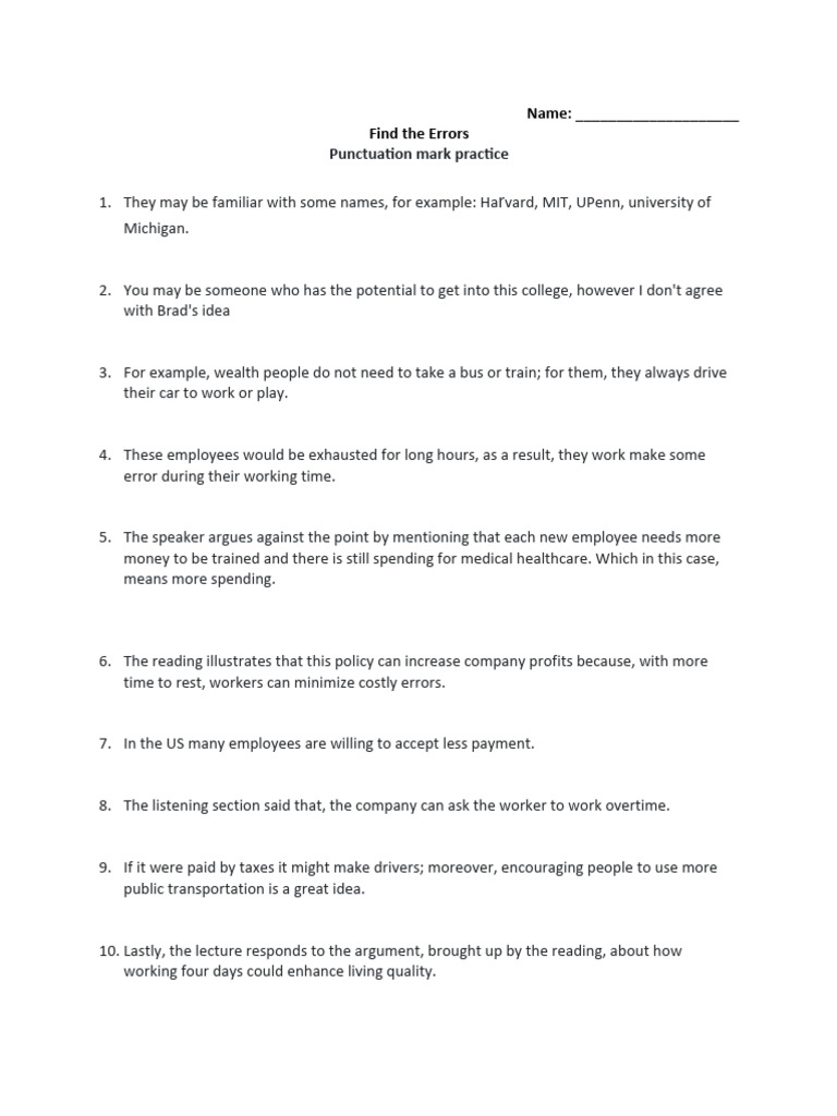 Punctuation and Agreement Error Practice | PDF