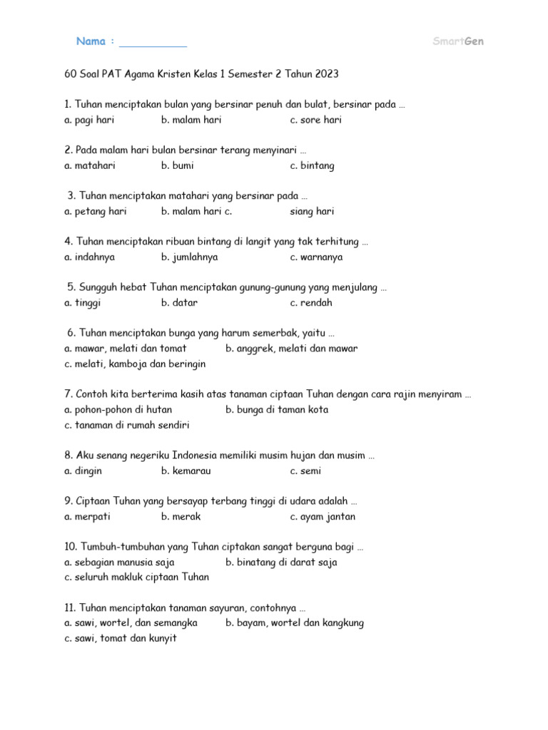 Soal Agama Kristen Kelas 1 Pdf