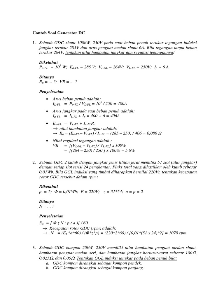 Contoh Soal Generator DC dan Penyelesaian | PDF | Sains & Matematika ...