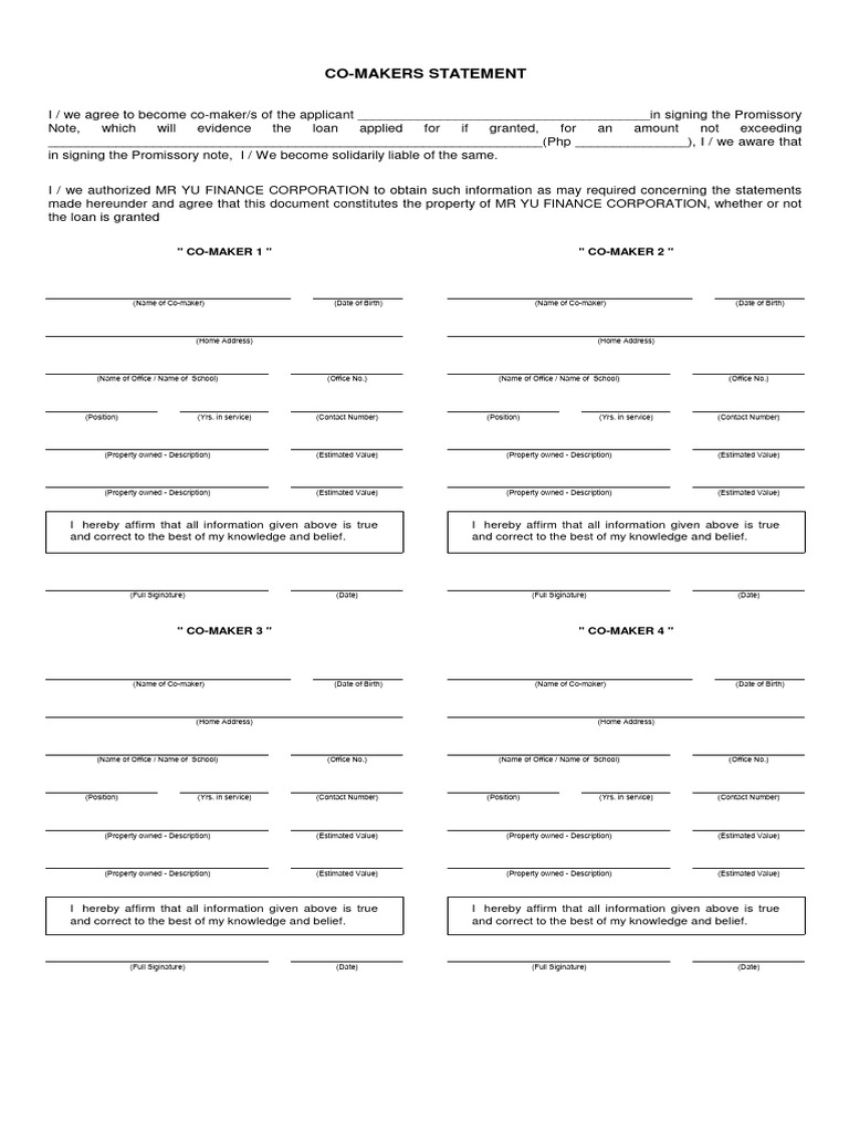 302A - Loan Application-Comakers Statement | PDF | Knowledge