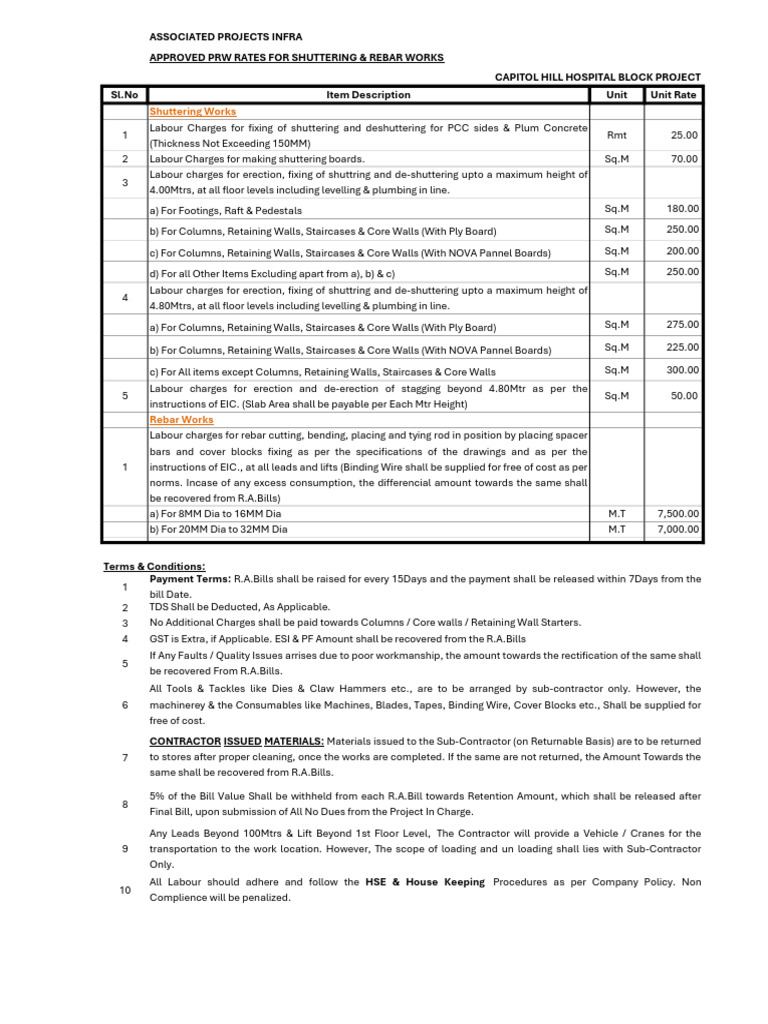 Approved Rates for Shuttering & Rebar Works | PDF | Structural ...