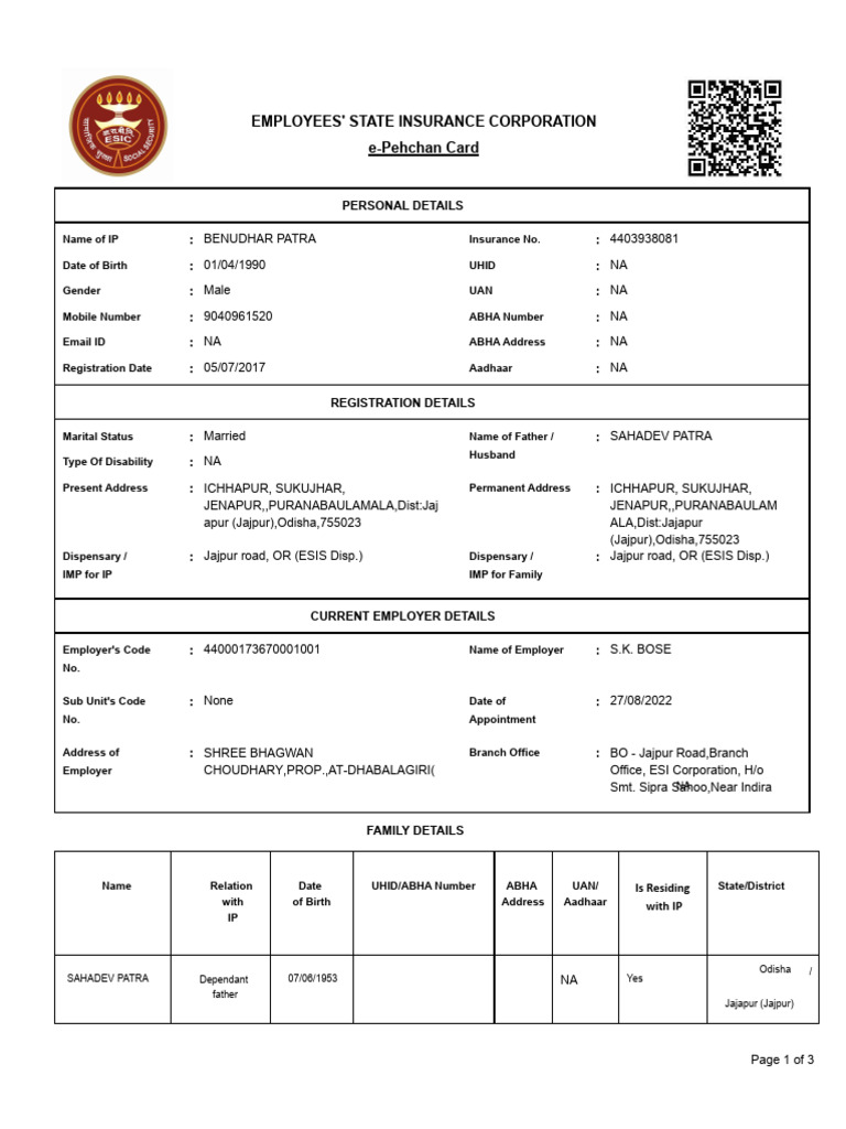 Employees state insurance corporation e pehchan card personal details