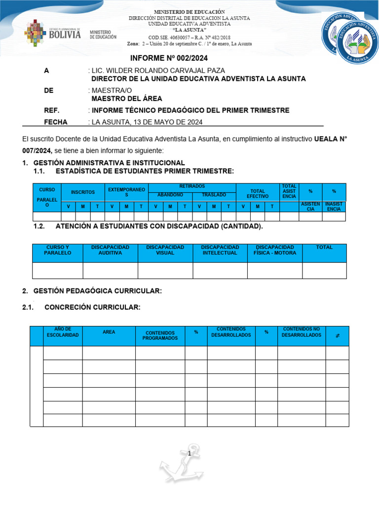 Informe Técnico Pedagógico 1er Trimestre 2024 | PDF