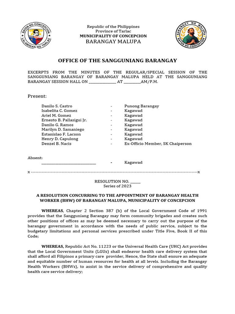 Appointment Resolution for Barangay Health Workers | PDF