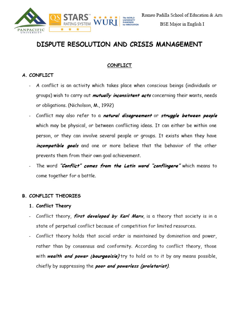 Criminology 6 - Dispute Resolution and Crisis Management (Handout ...