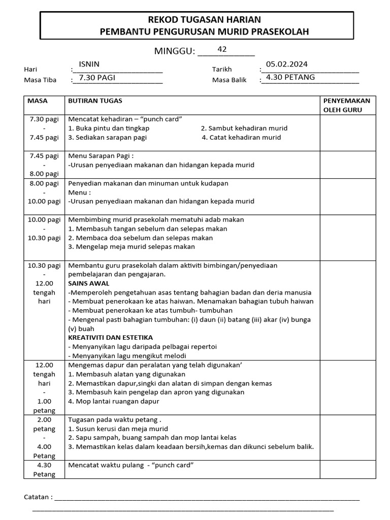 Rekod Tugasan Harian Prasekolah | PDF