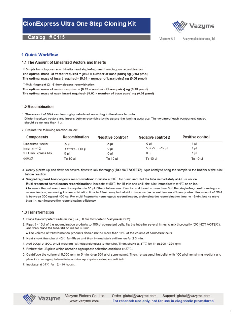 Vazyme C115 ClonExpress UItra One Step Cloning Kit | PDF | Polymerase Chain  Reaction | Plasmid
