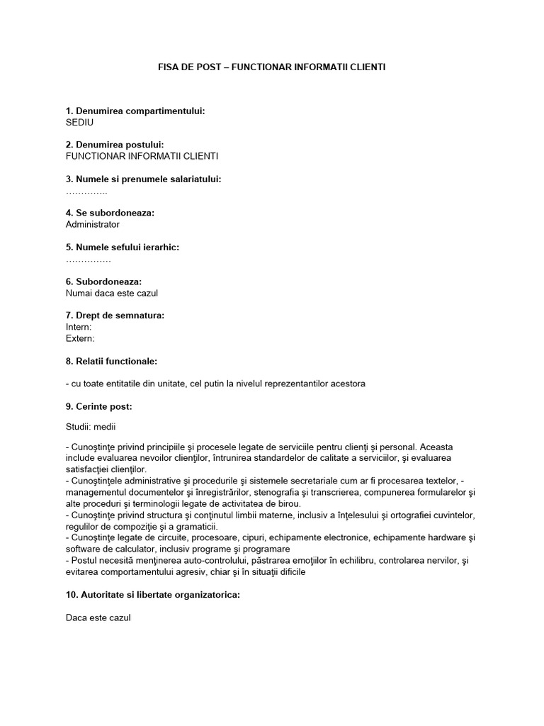 Fisa de Post Functionar Informatii Clienti | PDF