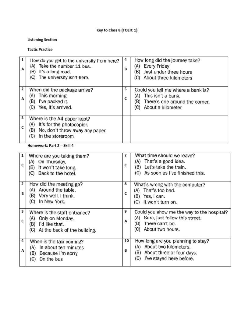 Key To Class 8 (TOEIC 1) Listening Section Tactic Practice 1 A 4 B ...