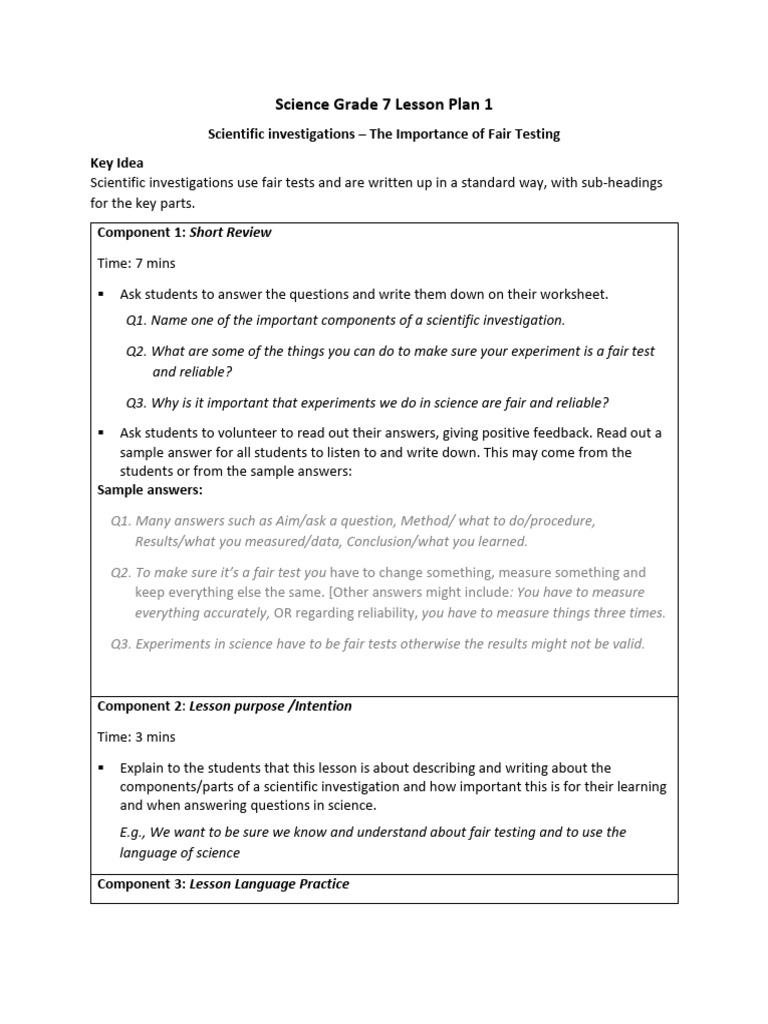 Science Grade 7 Lesson Plan Lesson 1 Scientific Investigation