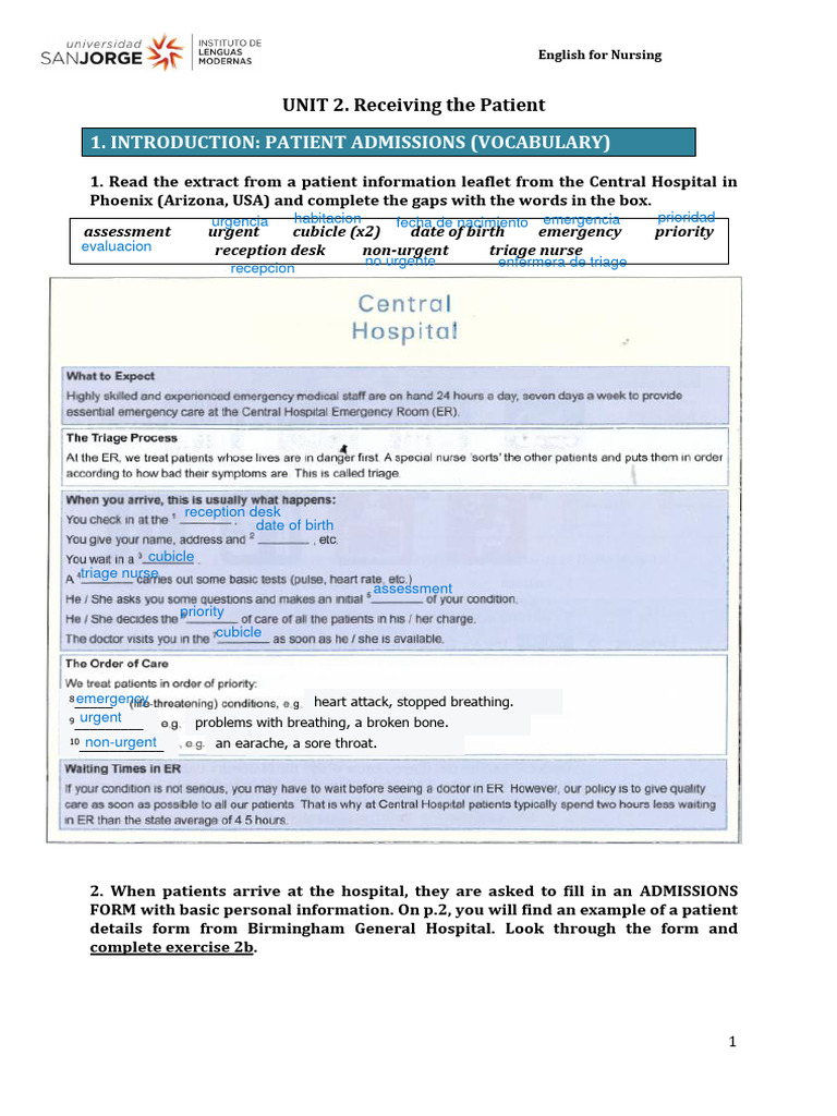 UNIT 2. Receiving The Patient | PDF | Nursing | English Language