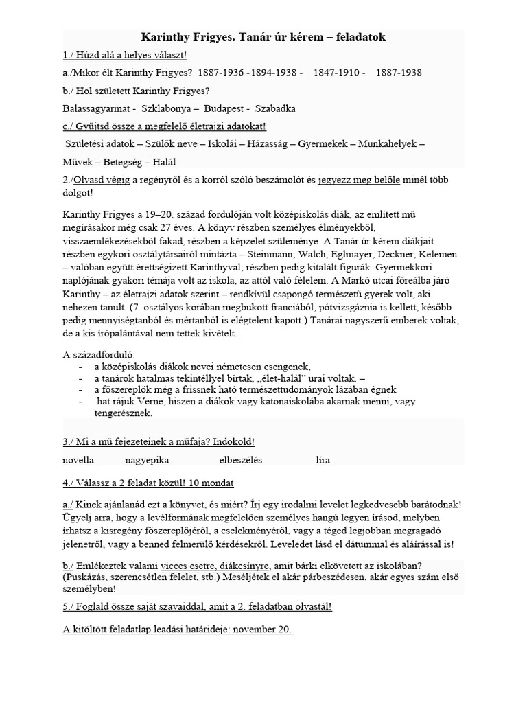 Karinthy Frigyes. Tanár Úr Kérem - Feladatok | PDF