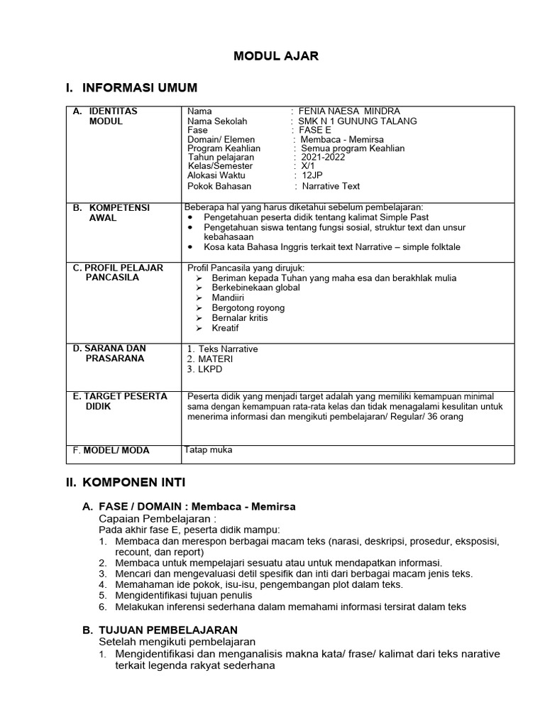 Modul Ajar Teks Naratif Folktale | PDF