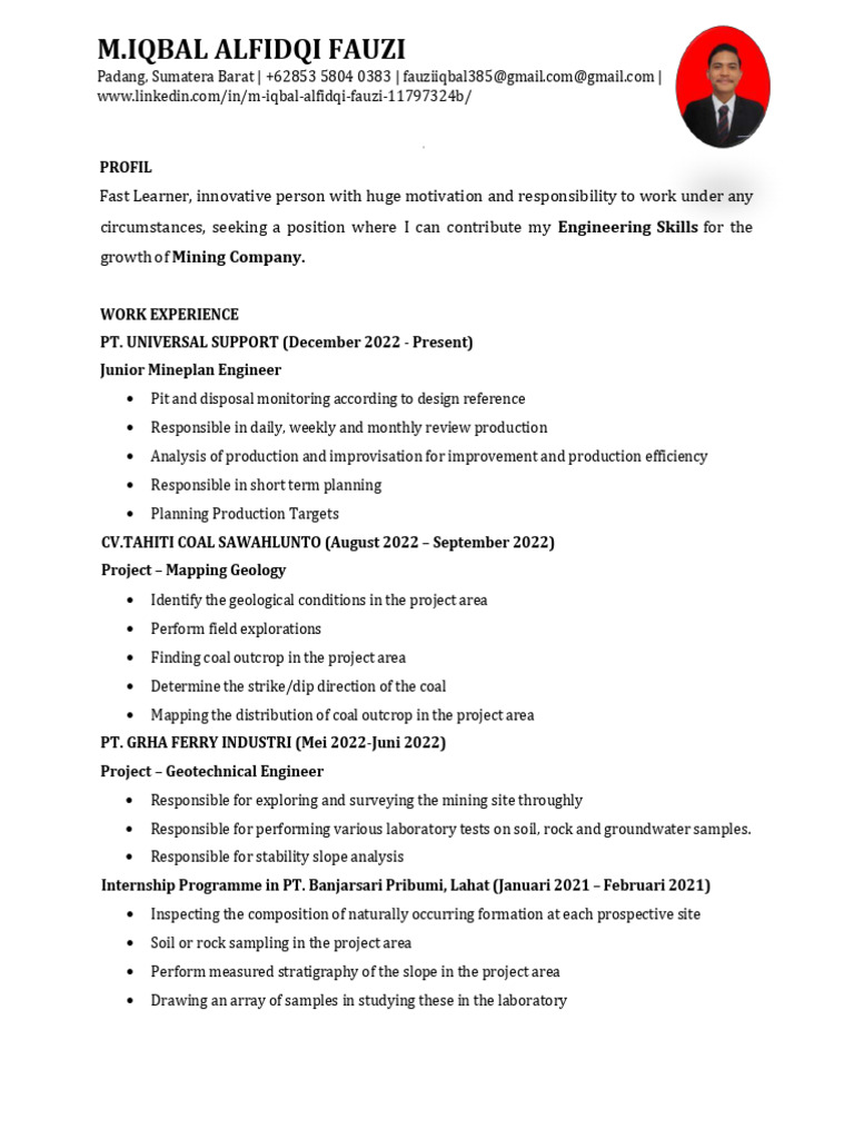 Mining Engineering Resume Overview | PDF | Geotechnical Engineering ...