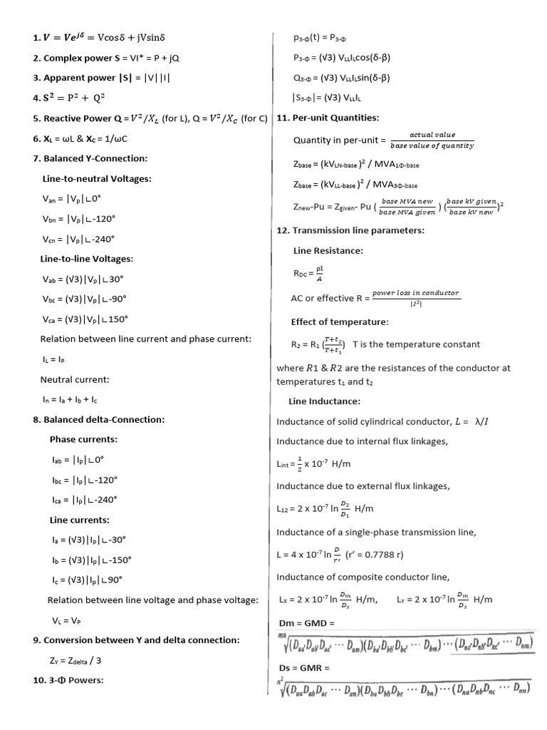 EPS Formula Sheet PDF Inductance Electrical Components