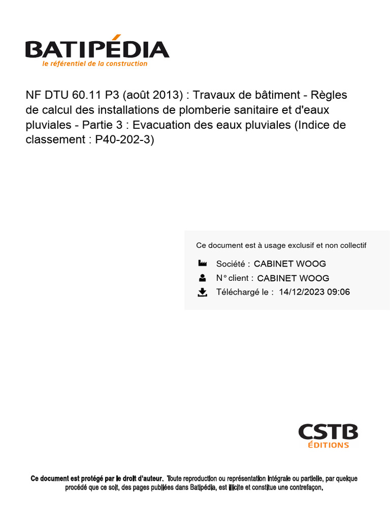 Règles NF DTU 60.11 P3 Évacuation Eaux Pluviales | PDF | Code de la ...