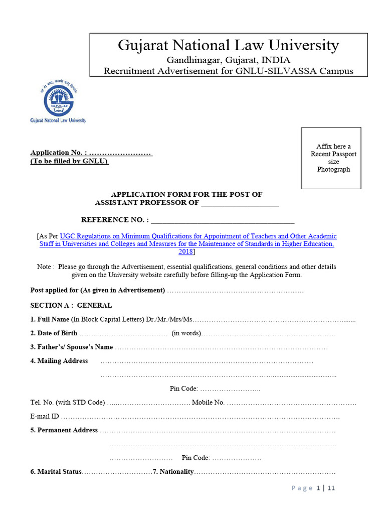 GNLU S RP 01 2024 Asst Profr Application Form Teaching Posts | PDF ...