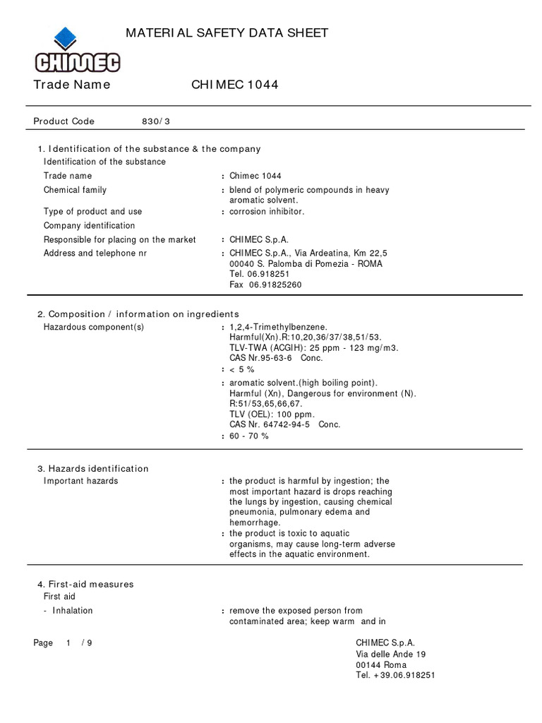 Chimec 1044 MSDS Overview | PDF | Dangerous Goods | Waste Management