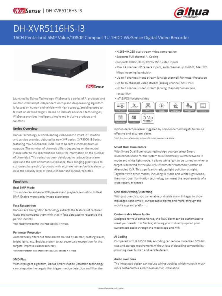 DH-XVR5116HS-I3 Specs Overview | PDF | Hdmi | Internet Protocols