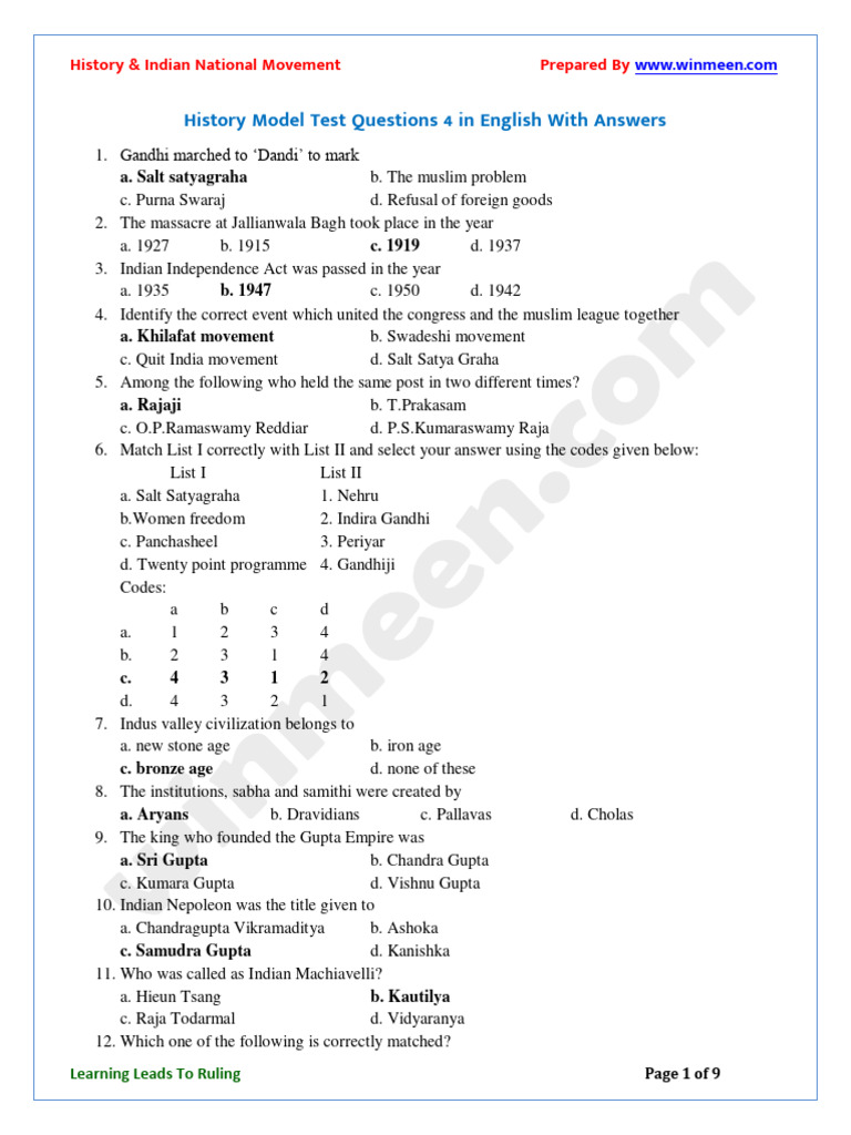 History Model Test Questions on India | PDF | Indian Independence ...