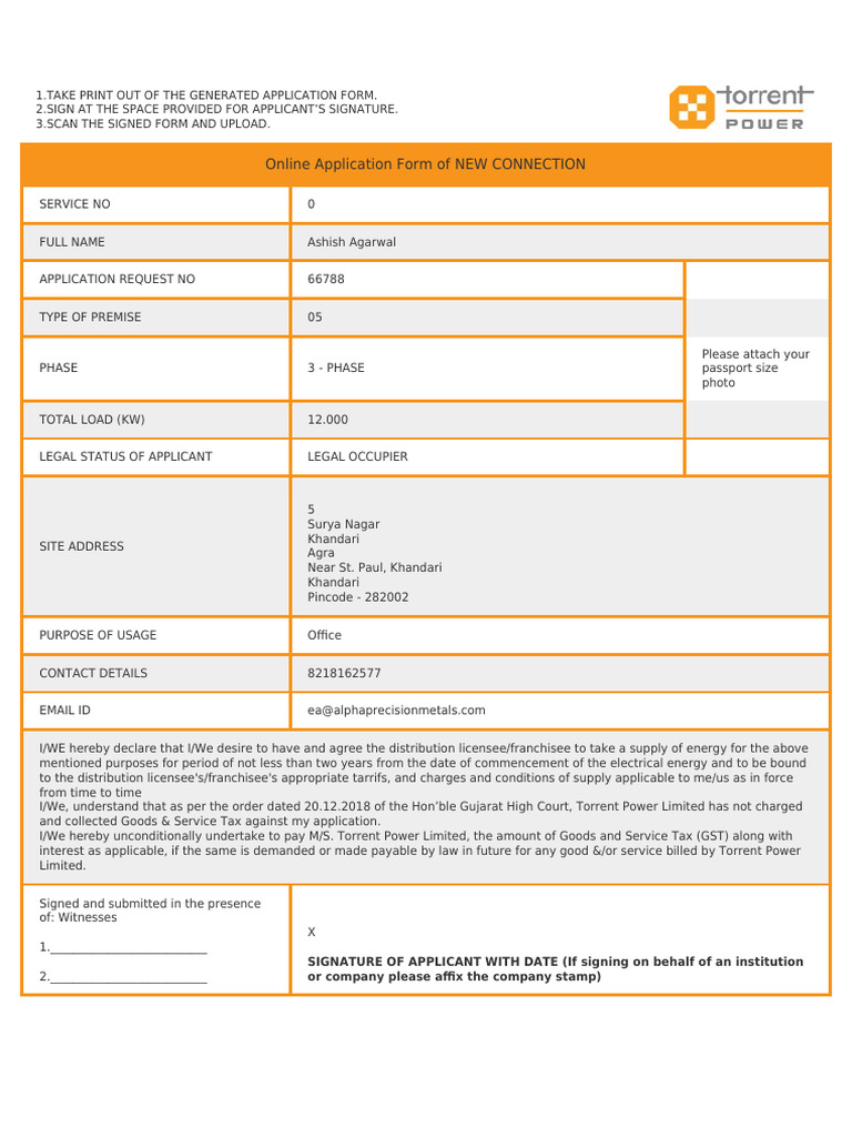 Torrent Power New Connection Application | PDF | Taxes