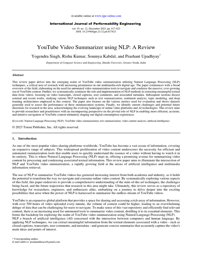 YouTube Video Summarizer Using NLP - A Review | PDF | Information ...