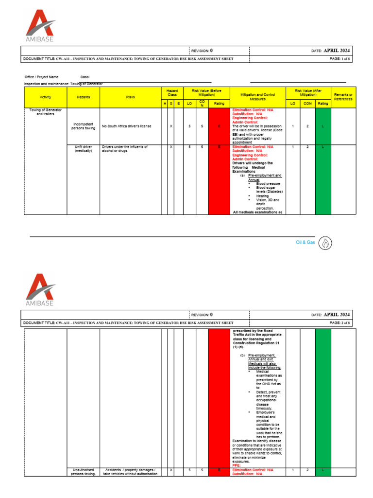 Generator Towing HSE Risk Assessment | PDF | Trailer (Vehicle) | Risk