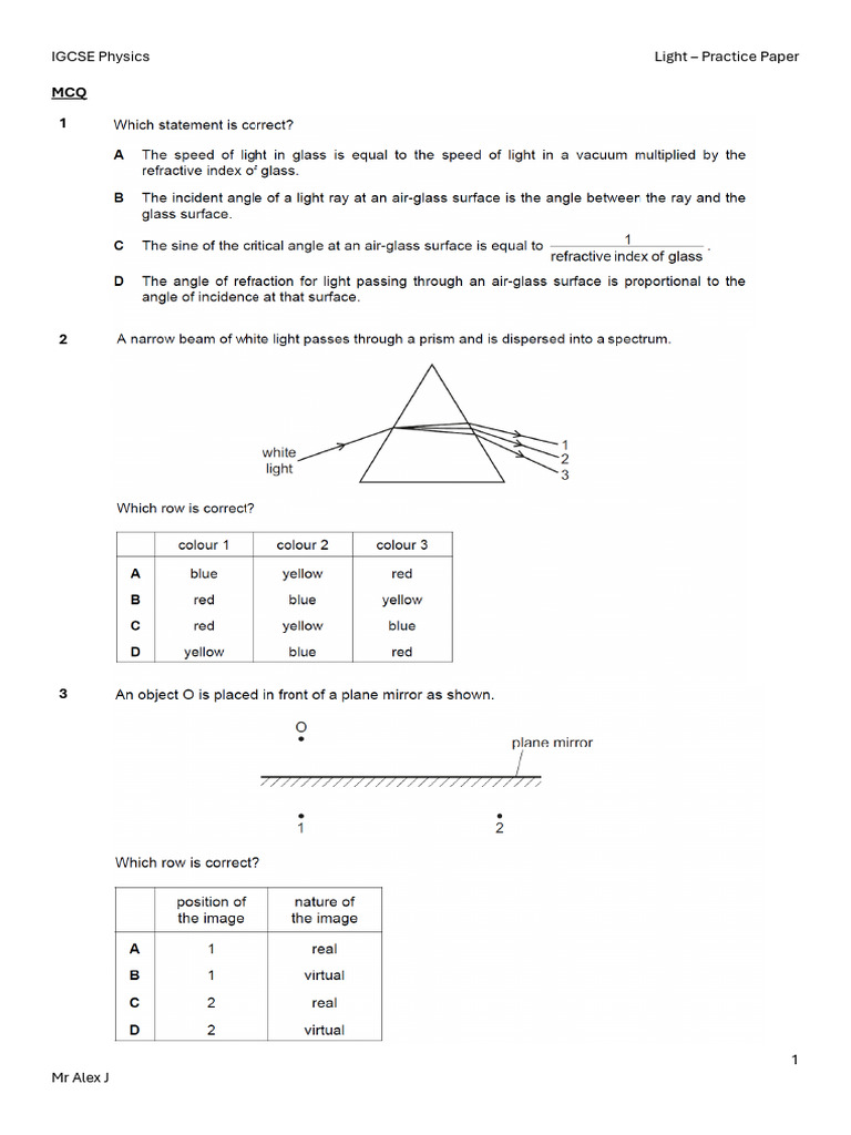 IGCSE Physics Light Practice Papers | PDF