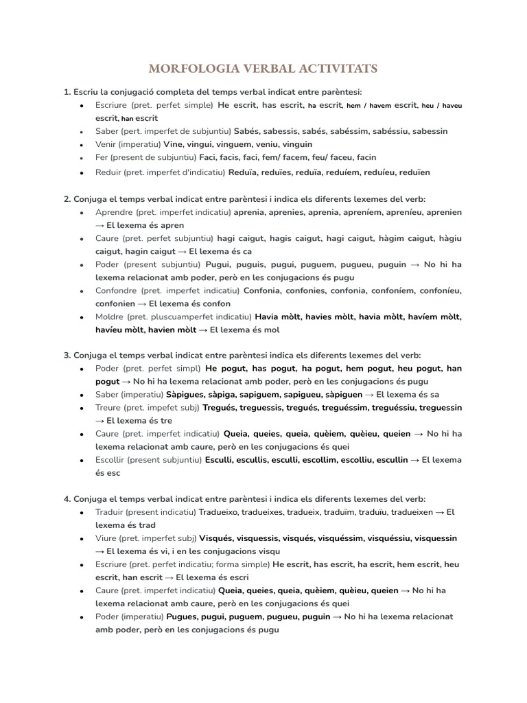 MORFOLOGIA VERBAL EXERCICIS - Giselle Romo Rosa | PDF