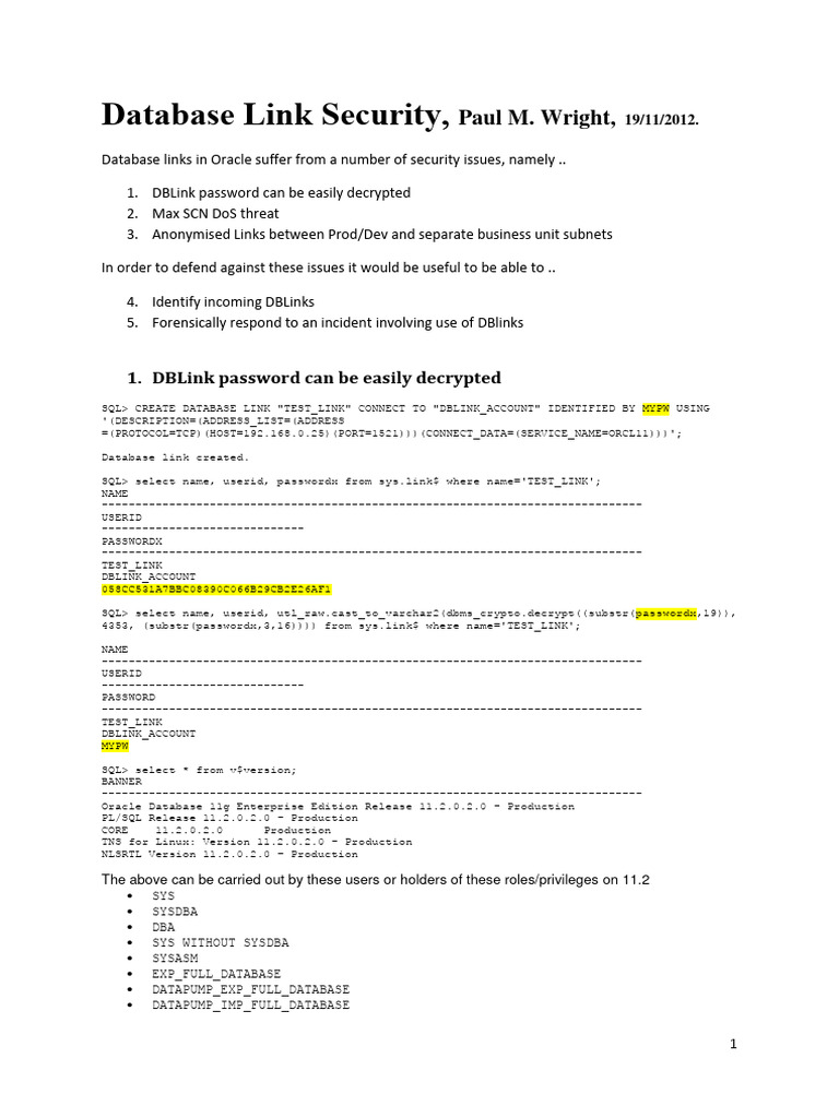 Oracle DBLink Security Issues Explained | PDF | Password | Databases