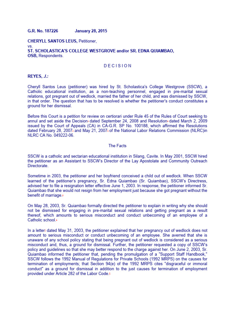 Cheryll Santos-Leus vs. St. Scholastica | PDF | Morality | Employment