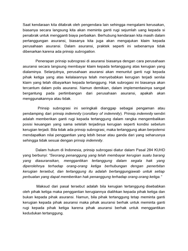 Prinsip Subrogasi dalam Asuransi | PDF