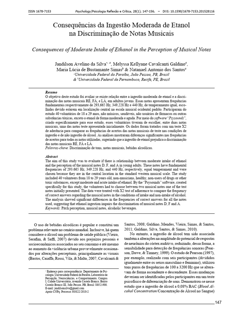 Artigo experimental ingest o de etanol e discrimina o musical