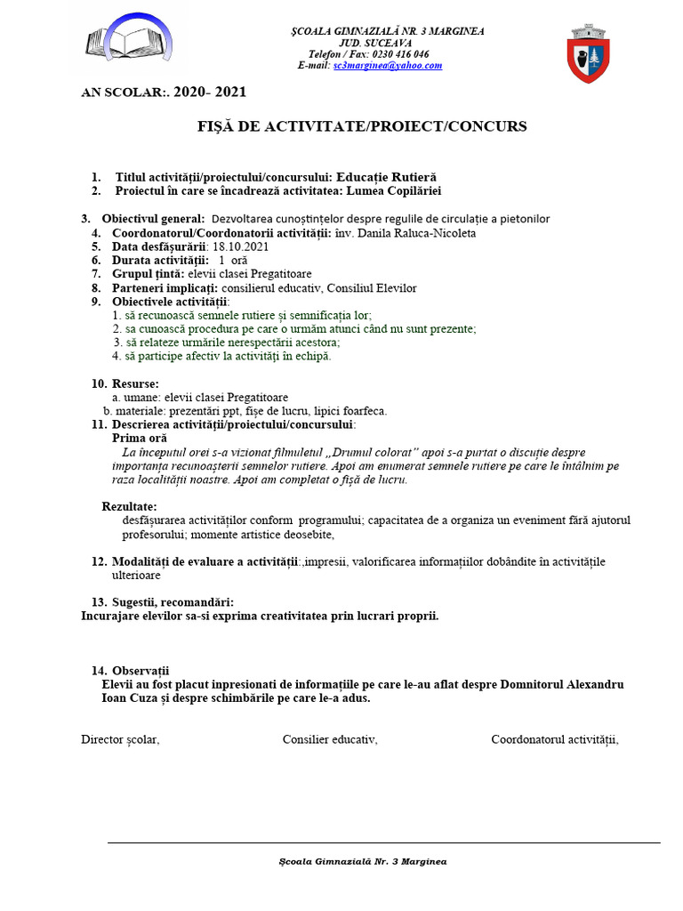 Fisa de Activitate Proiect Educatie Rutiera | PDF
