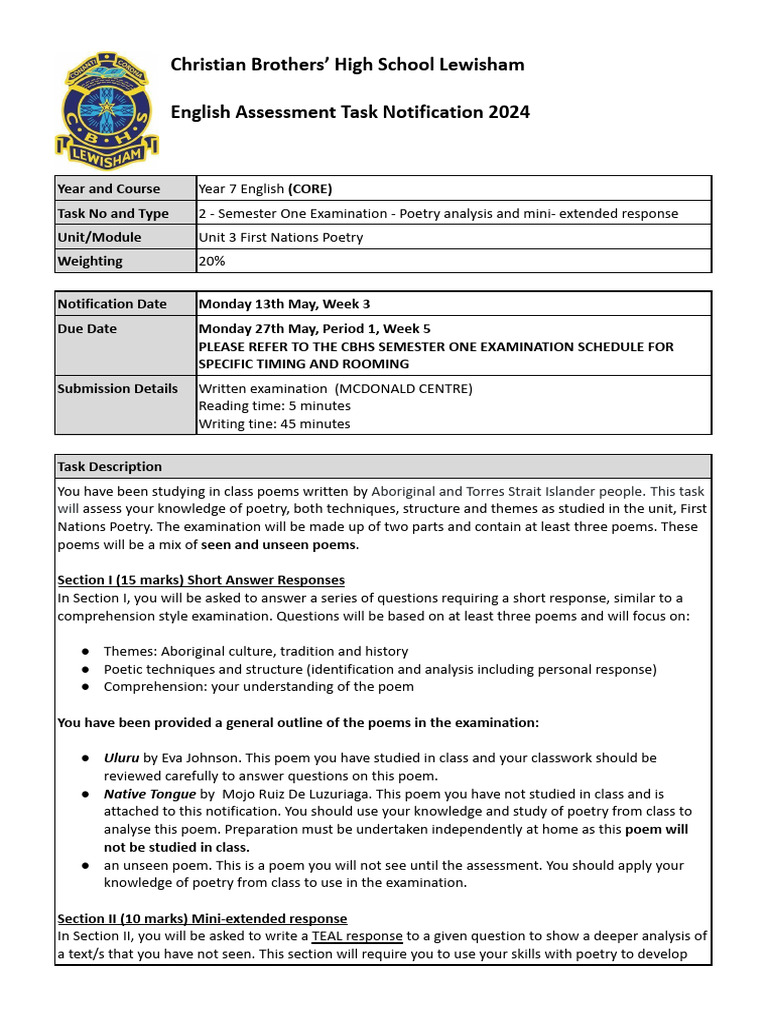 Year 7 t2 core notification english 2024 pdf poetry cognition