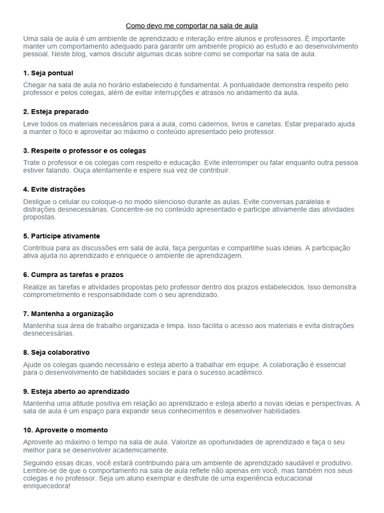 Comportamento Ideal na Sala de Aula | PDF | Aprendizado | Lição