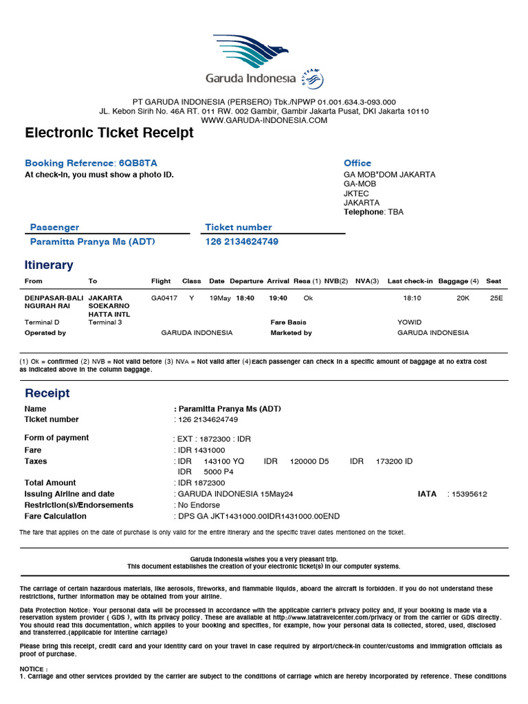 Garuda Indonesia Electronic Ticket Receipt | PDF