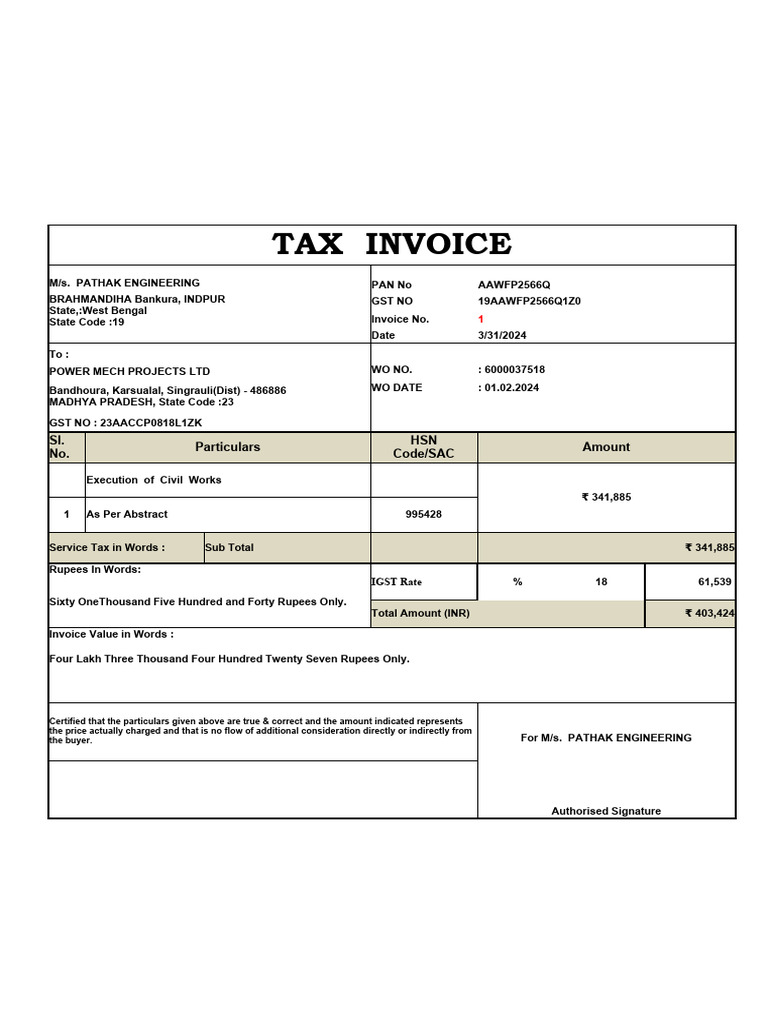 1st RA Bill - Pathak Engineering Dated 31-03-2024 | PDF | Building ...